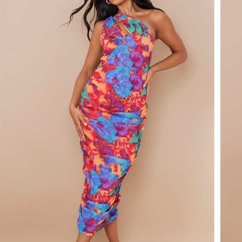 NWT Multi Floral Print Underwired One Shoulder Drape Midaxi Dress